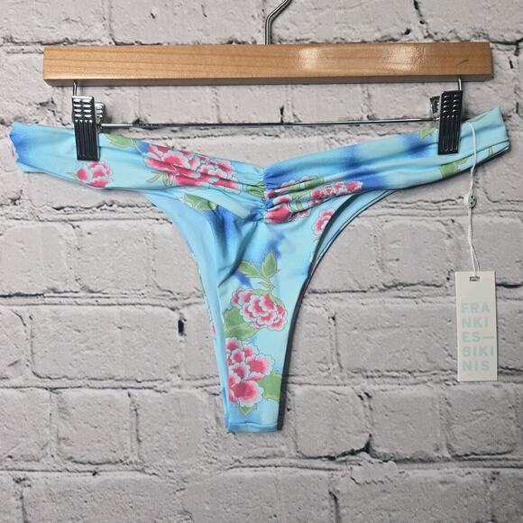 Frankies Bikinis Dexter Thong Bikini Bottom Blue Floral Print New Size Large - Picture 2 of 10